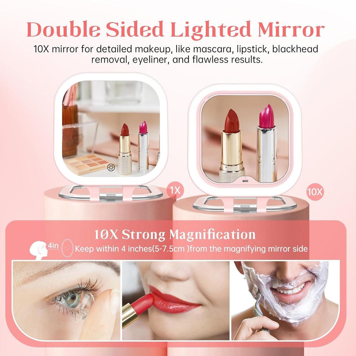 Compact Travel Makeup Mirror with Lights, 1X/30X Double-Sided Magnifying Mirror, 3 Color LED