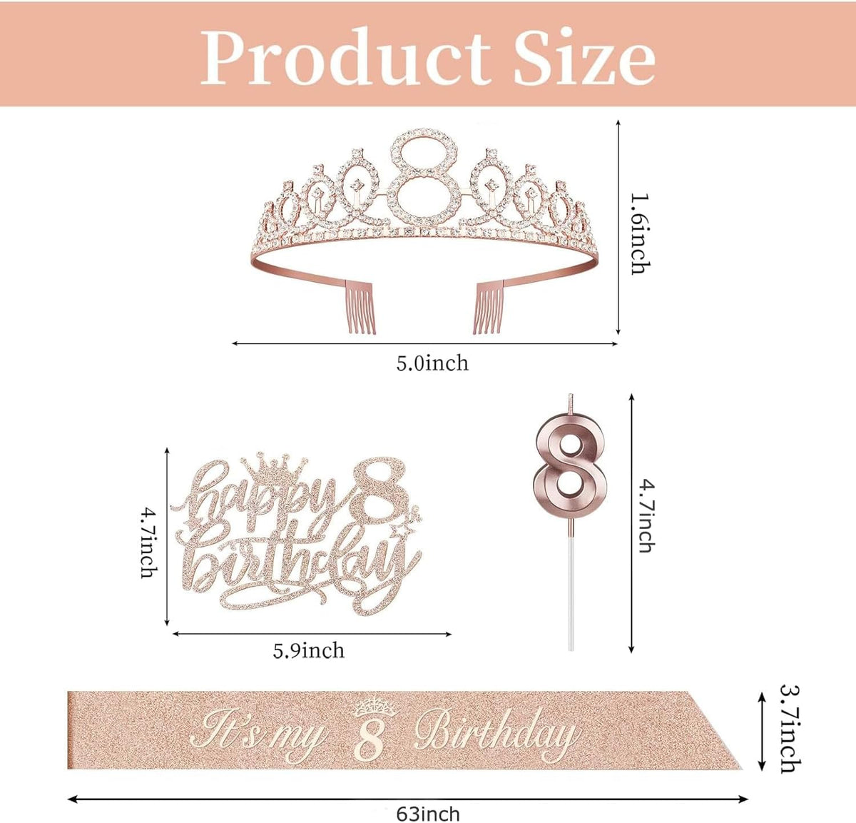 8th Birthday Decorations for Girl Including Sash, Crown, Numeral Candle and Cake Topper, 8 Year Old