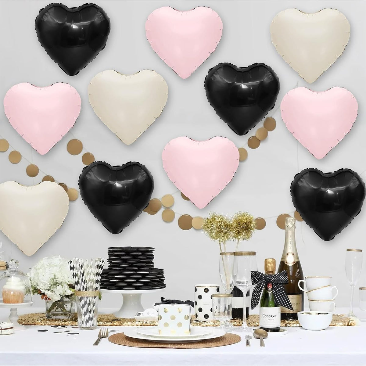 Black Pink White Heart Balloons,12Pcs 18Inch Black Cream White Baby Pink Heart Shaped Foil Helium