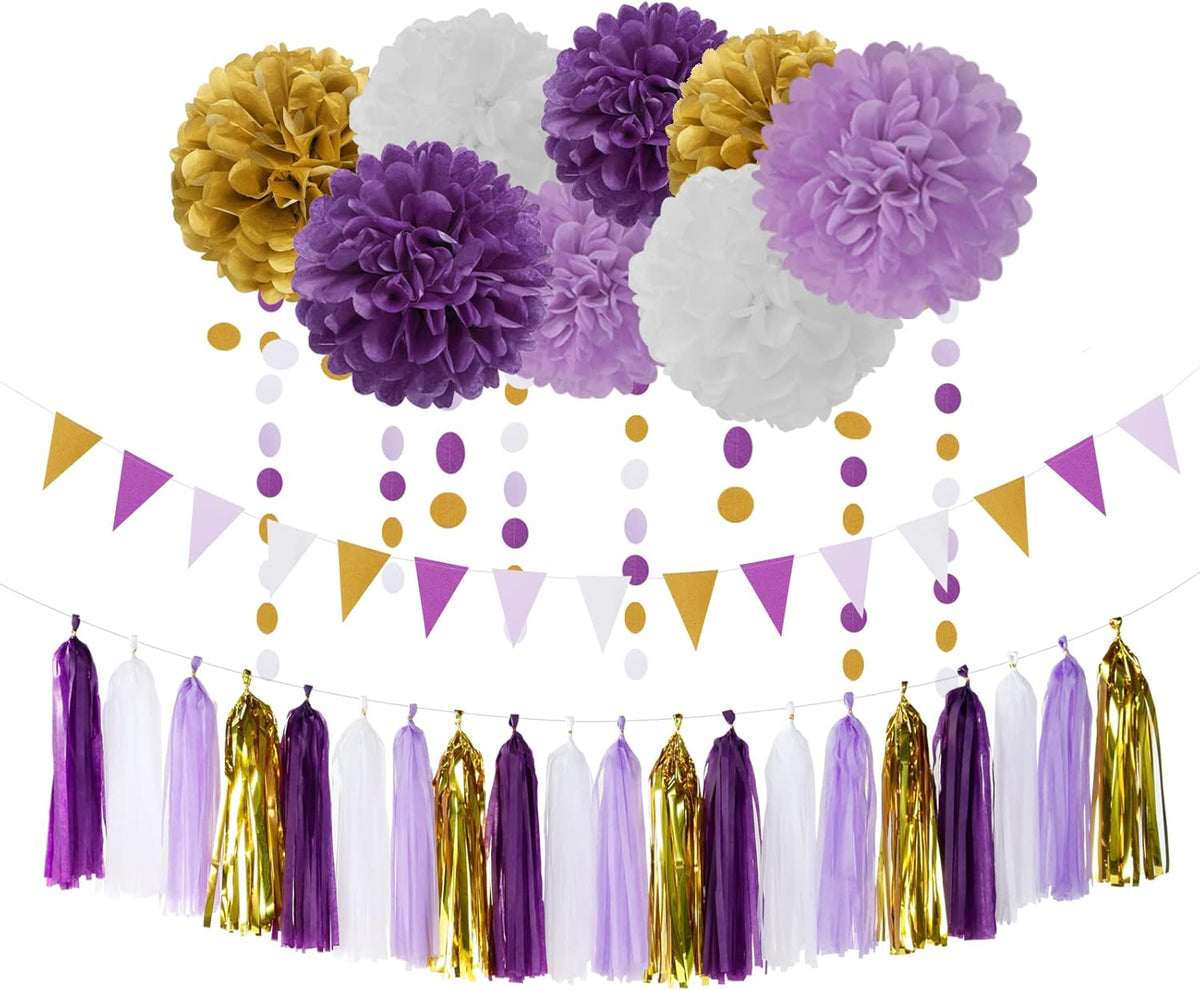 Purple Gold Graduation Decorations - 30pcs Kits Lavender White Paper Flowers,Banner Flags,Tassel