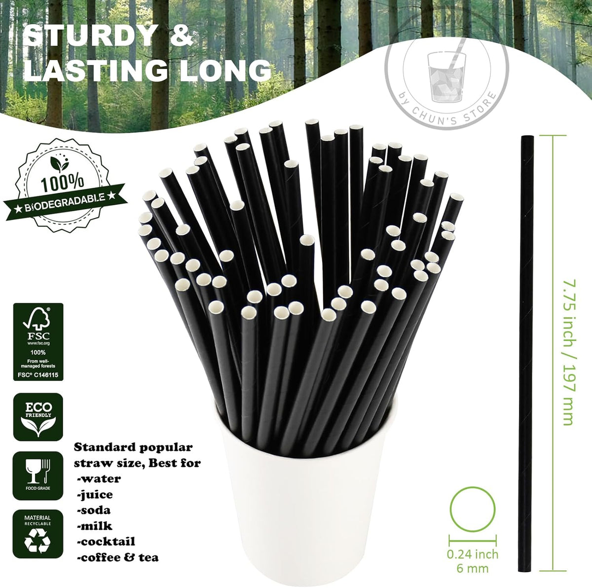 Black Paper Drinking Straws Bulk Individually Wrapped - 1000 Counts, 7.75" x0.24" - For Cocktail