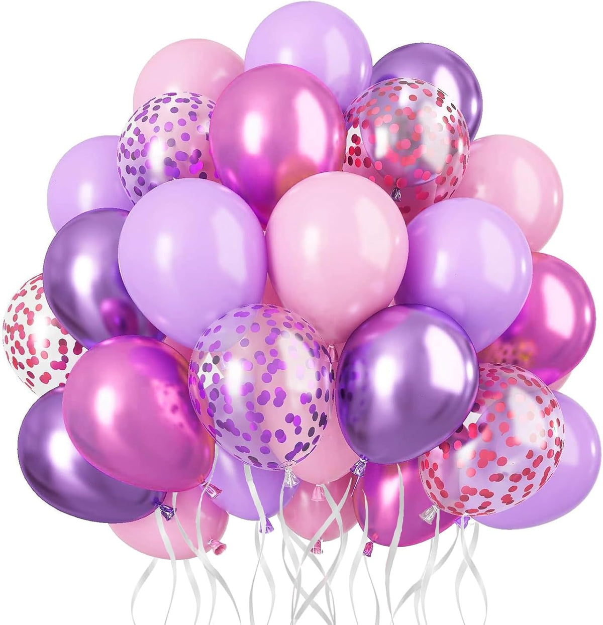 Pink and Purple Balloons,50Pcs 12 Inch Purple Pink Metallic Confetti Balloons with Ribbon for Girls