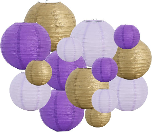 BEISHIDA 16 Pcs Purple Gold Paper Lanterns,Hanging Decorative Chinese Japanese Round Paper Lantern