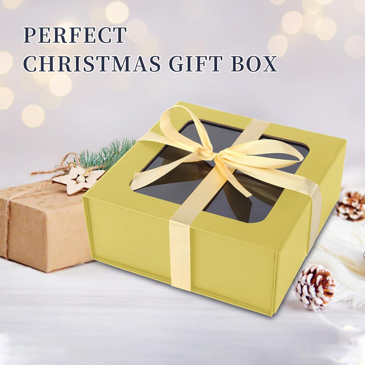 TIACABO Gold Gift Box with Window,7.5"x7.5"x3.1" Bridesmaid Boxe for Gifts Giving,Birthday Gift