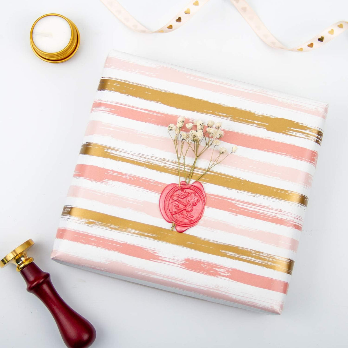 WRAPAHOLIC Reversible Pink Wrapping Paper - Mini Roll - 17 Inch X 33 Feet - Pink Gold Lines and
