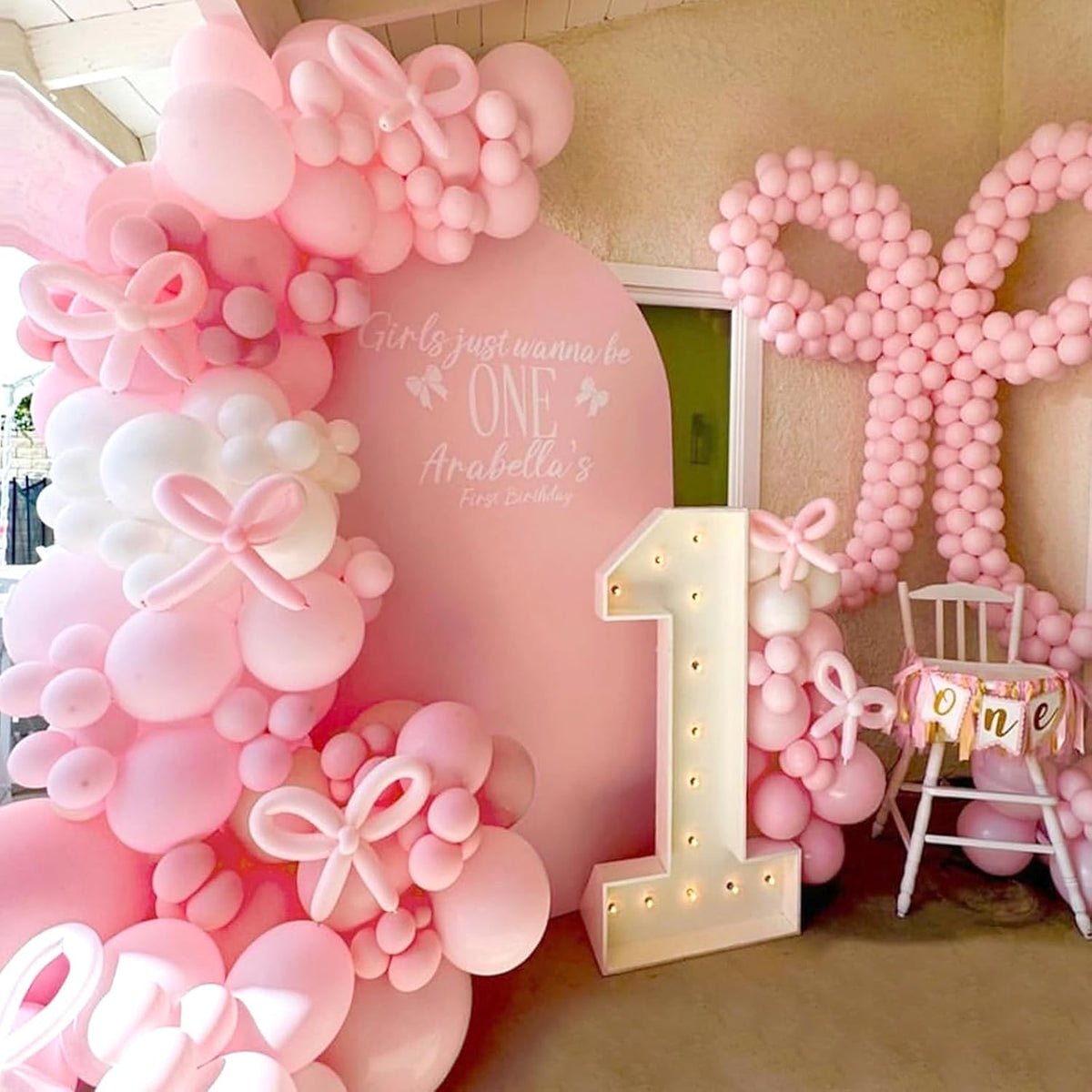 Pink Bow Balloons Garland Arch Kit,180Pcs Pink and White Balloons with Clear Balloon Wrap Bows for