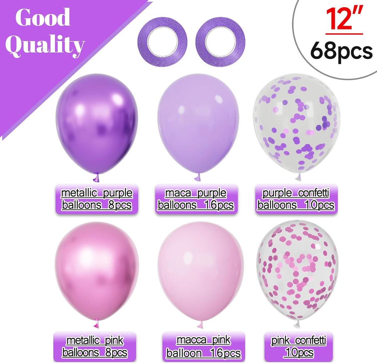 68Pcs Pink and Purple Balloons 12 Inch Metallic Purple Pink Latex Balloon Confetti ballons with