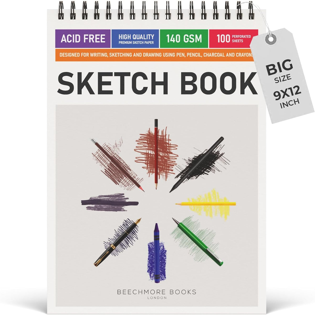 BEECHMORE BOOKS 9x12 Spiral Sketchbook ??140 GSM Acid-Free Paper, 100 Perforated Pages, A4 Art