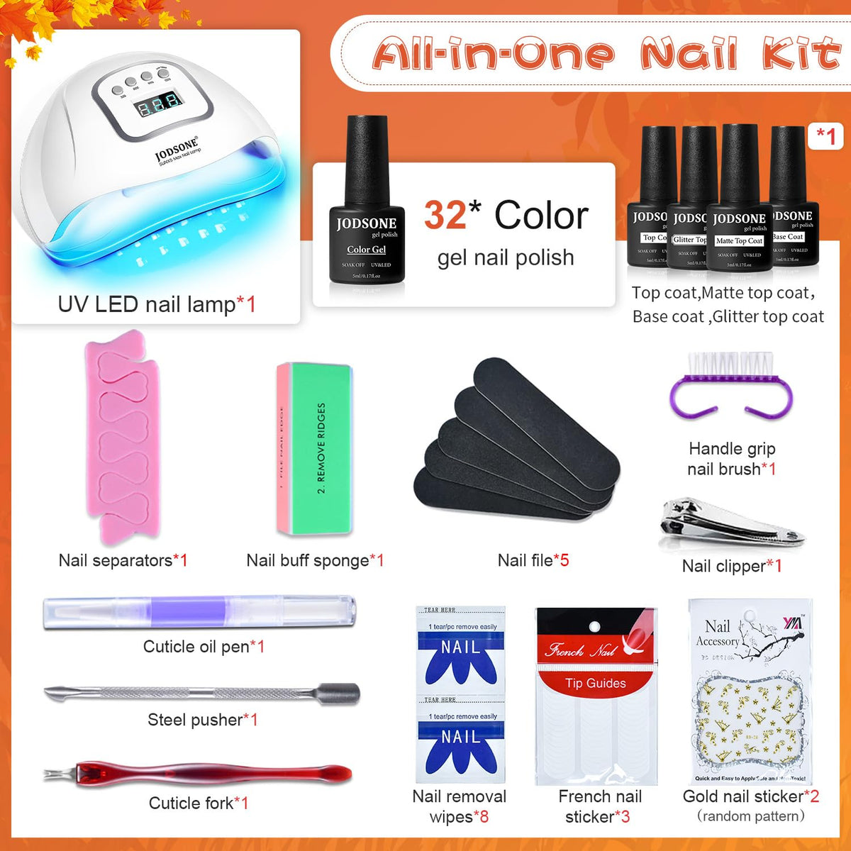 JODSONE 36 Pcs Gel Nail Polish Kit with U V Light of 32 Color Gel Polish Nail Collections Base and