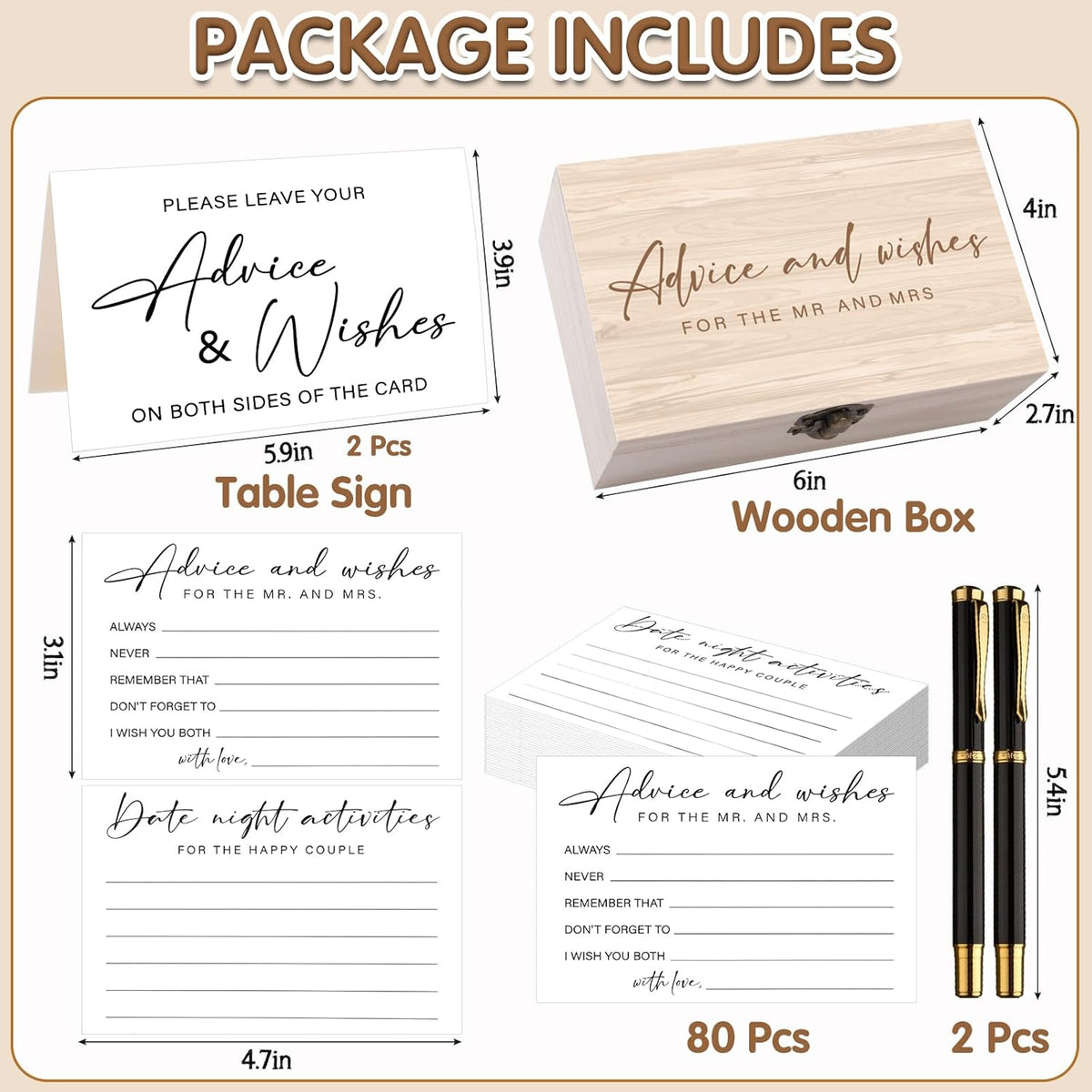 85 Pcs Advice and Wishes Cards Wooden Box Set for The Mr and Mrs,White Advice and Wishes Cards with
