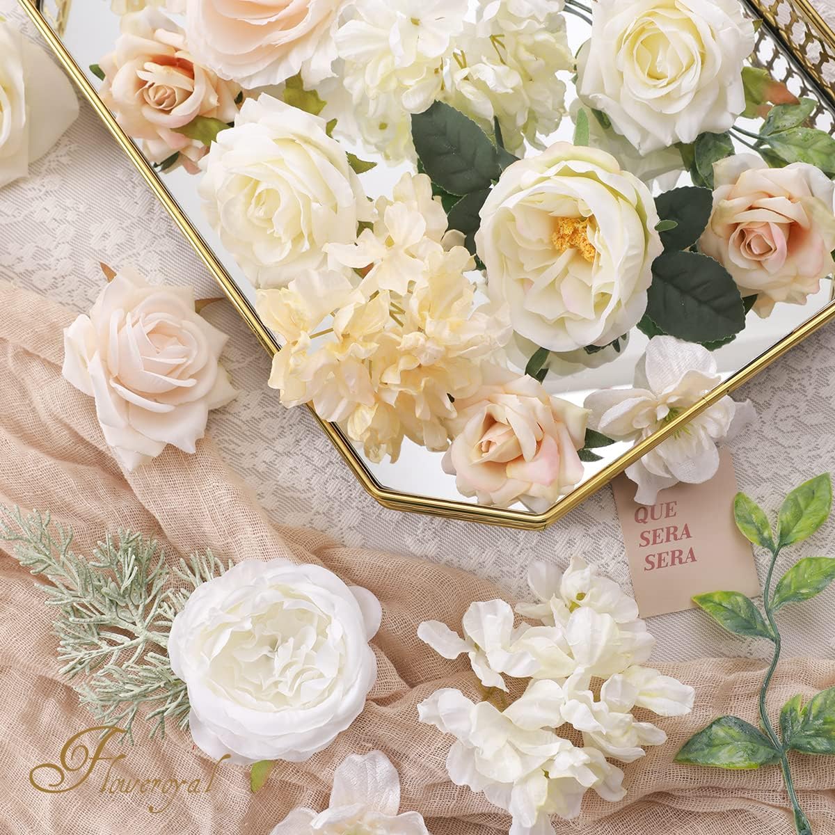 Floweroyal Artificial Flowers Combo White Flowers Mix Silk Flowers Dahlia Roses with Stems for DIY