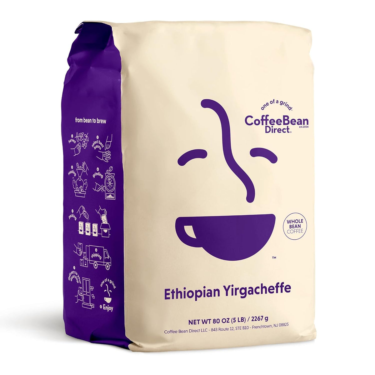 Coffee Bean Direct Ethiopian Yirgacheffe, Whole Bean Coffee, Light Roast, 5 Pound Bag (Pack of 1)
