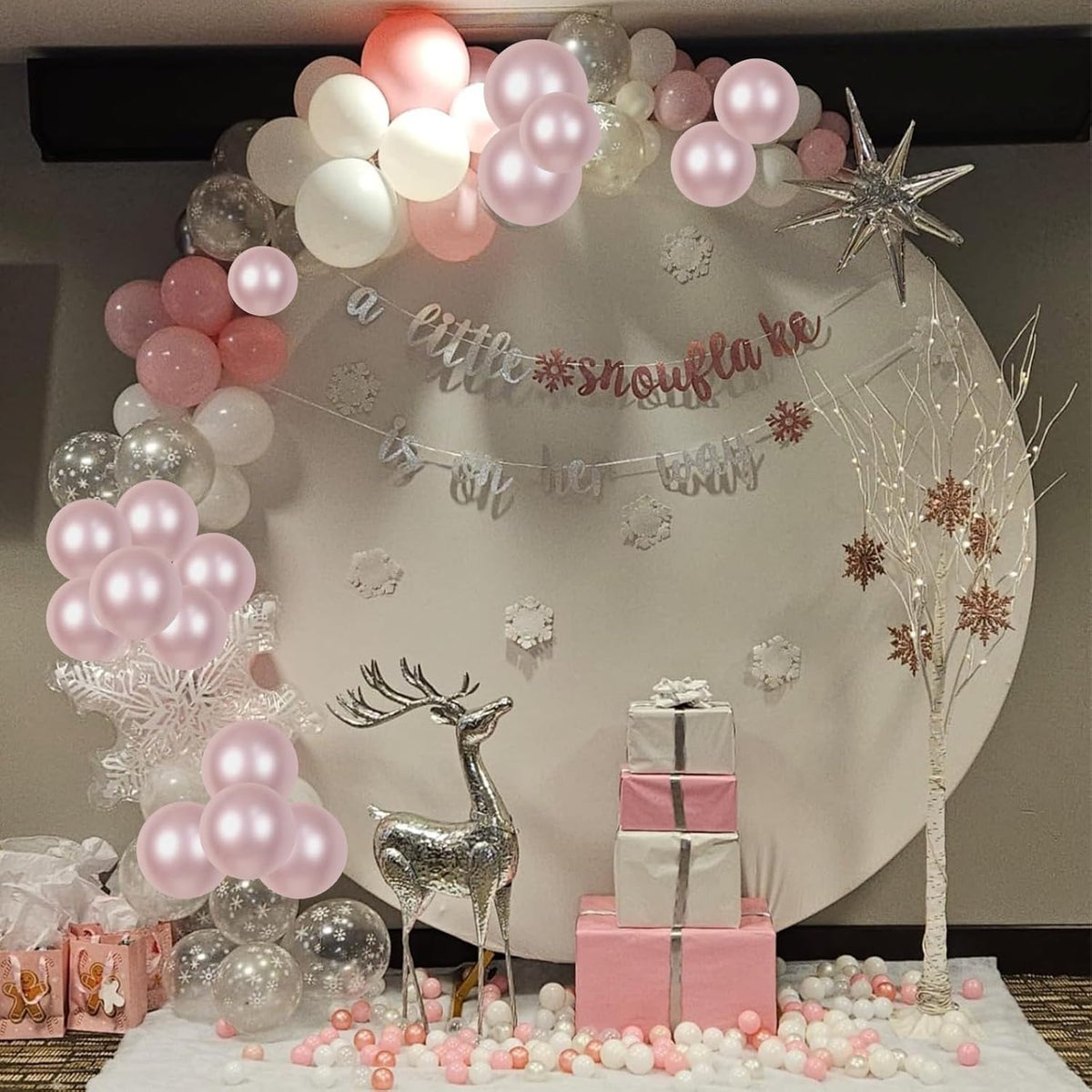 Pink Winter Wonderland Balloons, 50 Pcs 12 Inch Pearl White Balloons Pastel Metallic Pink Balloon