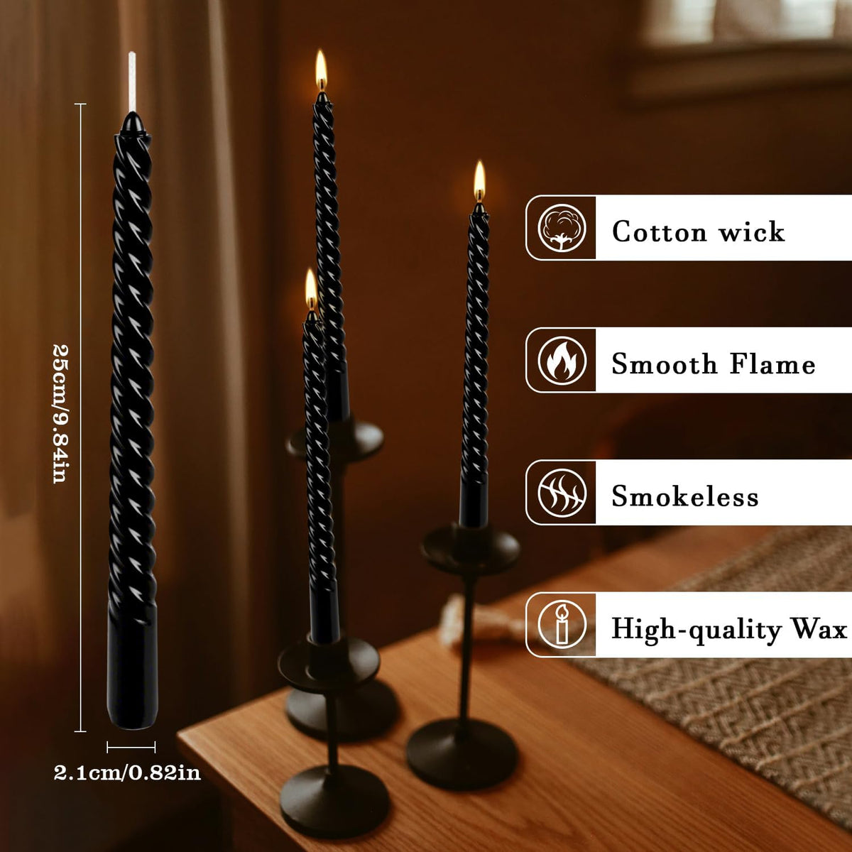 12-Pack 10' Tall Black Spiral Taper Candle Set - Dripless, Smokeless for Halloween&Christmas