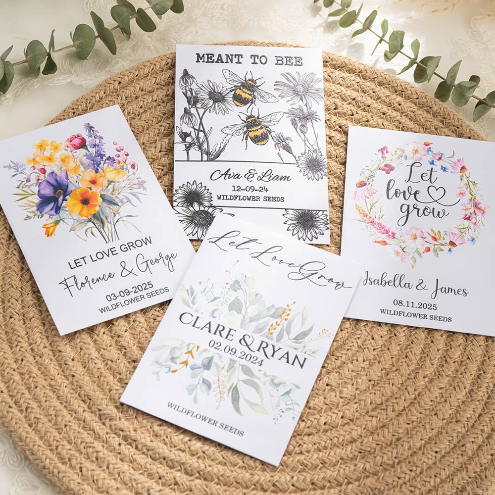 callie Personalized Wedding Seed Packet Favors, Custom Wildflower Seeds Storage with Name and Date