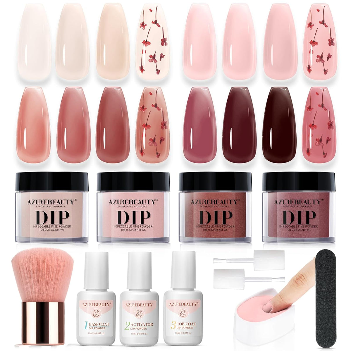 AZUREBEAUTY Dip Powder Nail Kit, 4 Colors Jelly Transparent with Dried Flower Set, Nude Brown