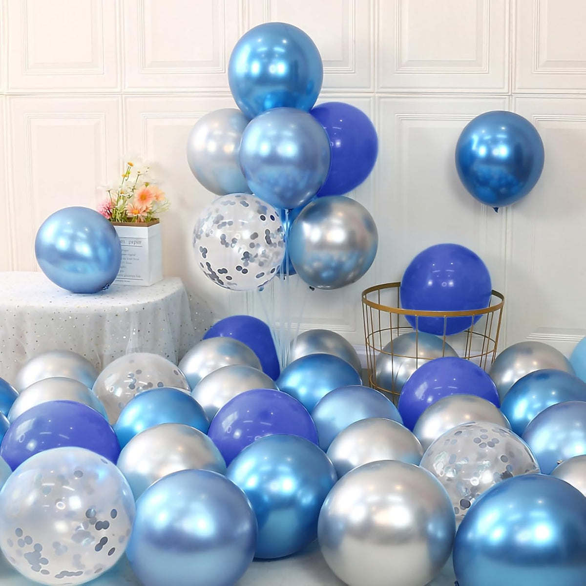 Netnology Blue Silver Balloons Set,60Pcs 12 Inch Navy Royal Blue Balloons light Blue Silver