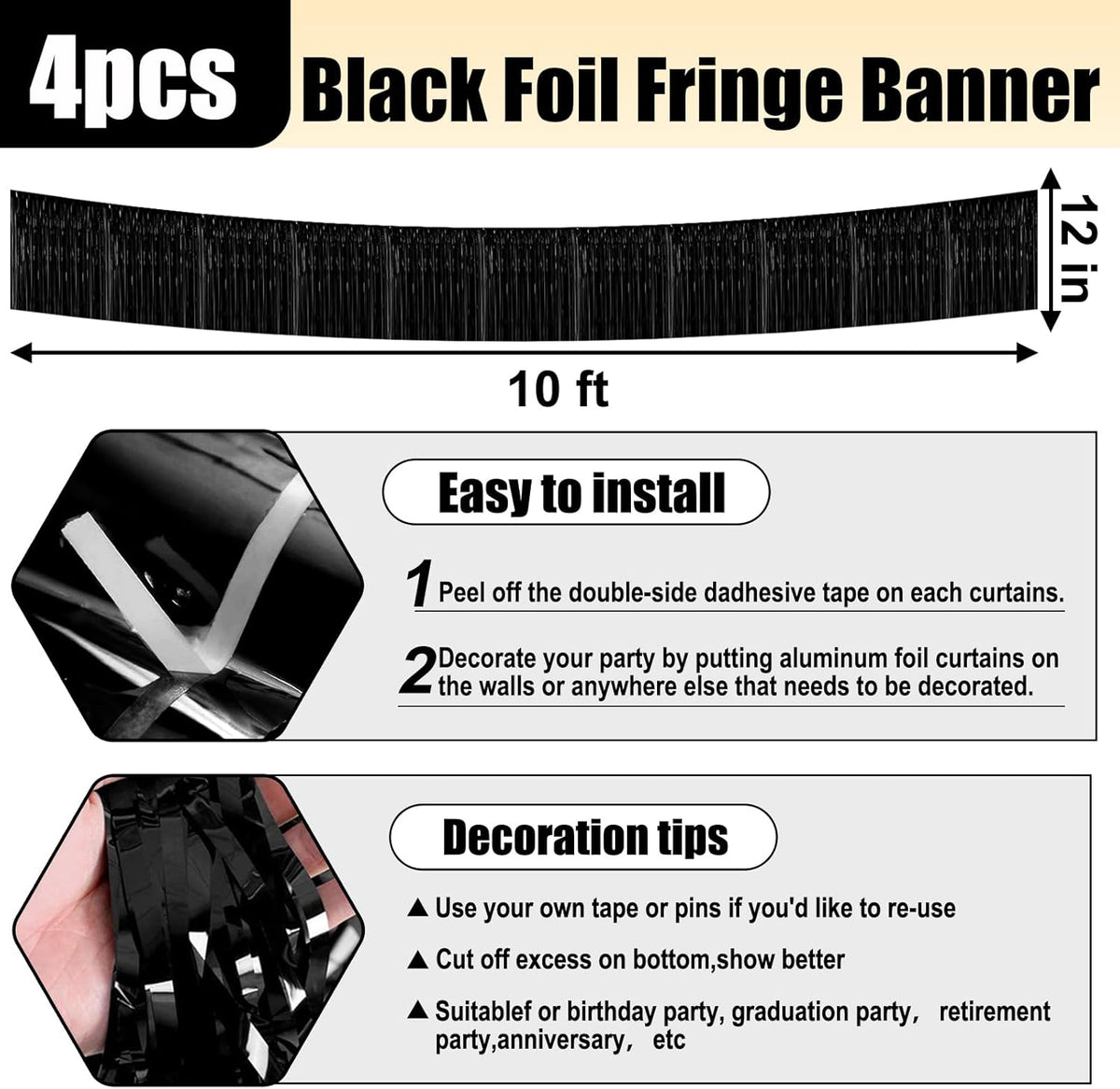 4 Pack 10 Feet Black Foil Fringe Garland Metallic Tinsel Streamers Banner Wall Hanging Curtain