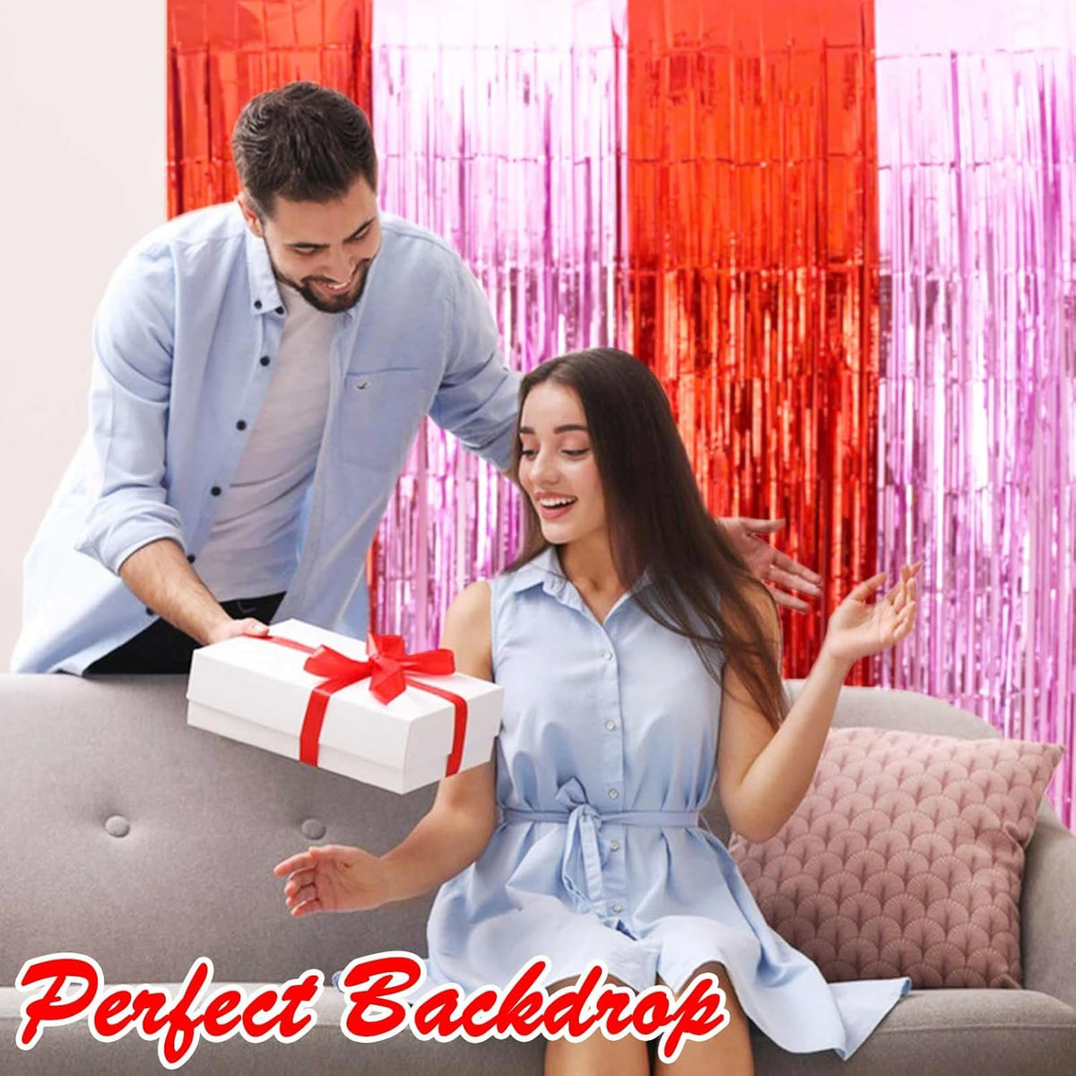 Valentines Backdrop Decorations - 4 Pack of 3.2x8.2ft Red Pink Foil Fringe Curtains Streamers