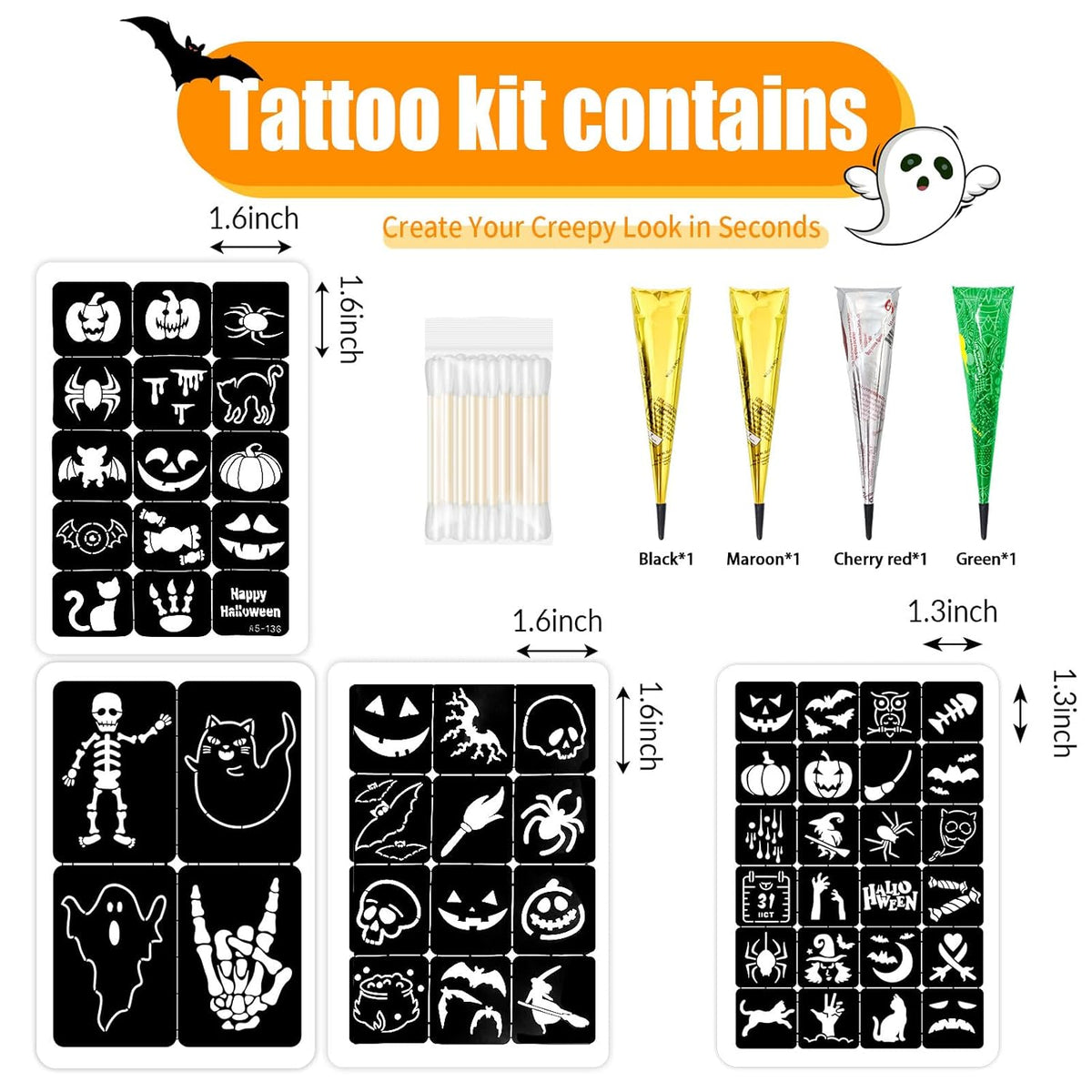 Halloween Temporary Tattoos Stencils Kit,Temporary Tattoos Kit - 4 Pcs 4 Color(Maroon,Black,Cherry