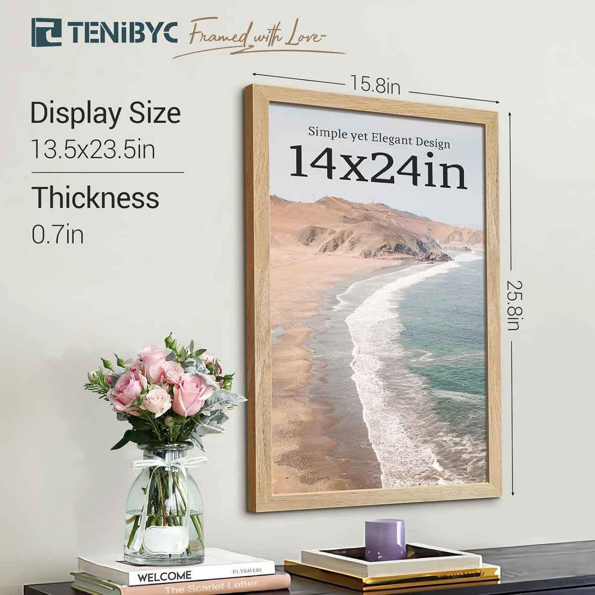 14x24 Poster Frame Set - 4 Pack, Natural Solid Wood, Elegant Wood Grain Picture Frame, Wall Gallery