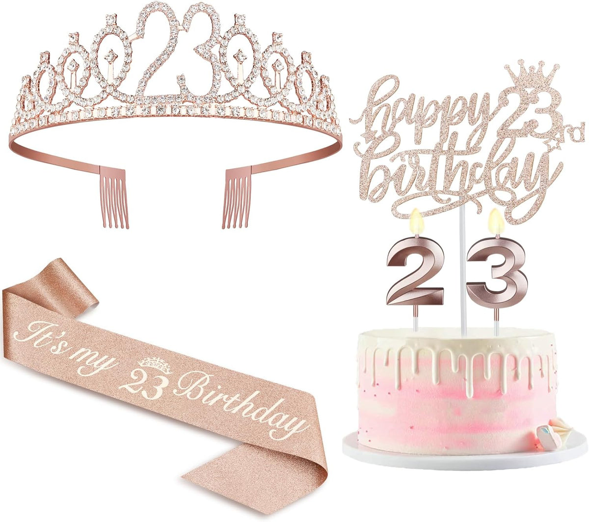23 Birthday Decorations for Women Including Sash and Tiara, Cake Topper and Candles, 23rd Birthday