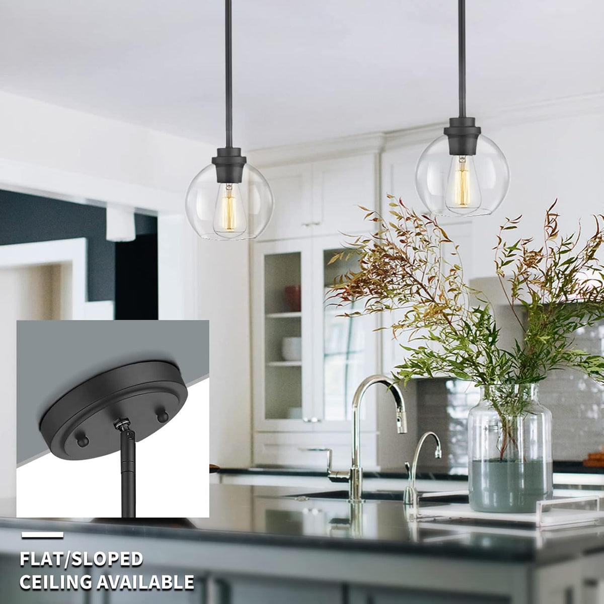 Pendant Light Fixtures,7 Inch Globe Black Pendant Lights Kitchen Island with Clear Glass, Modern