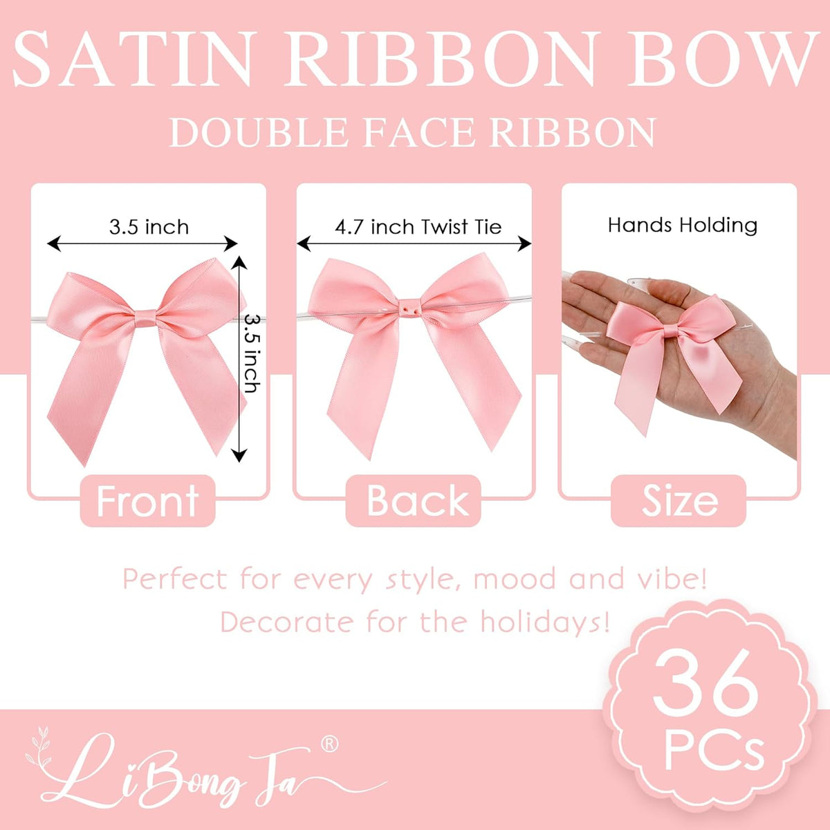3.5" Pink Bow Satin Pre-Tied Bows for Gift Wrapping, Small Bows for Crafts, Premade Bows, Candy