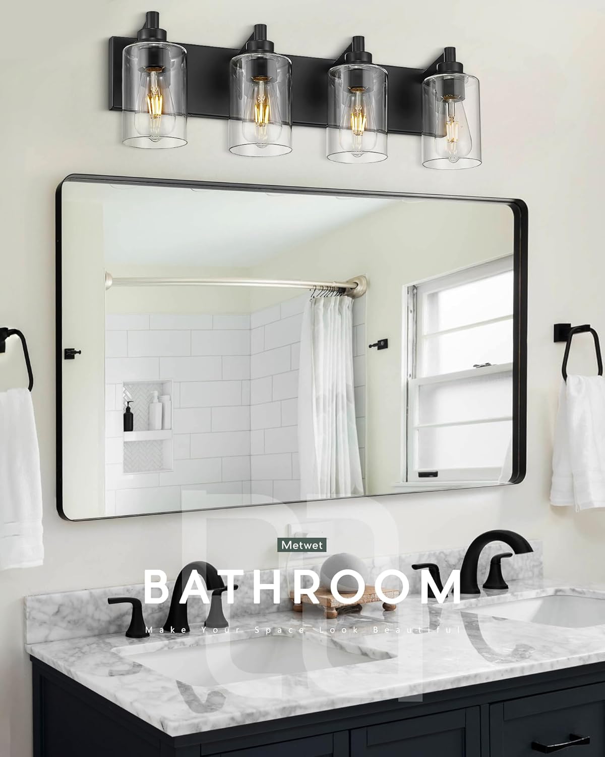 4-Light Bathroom Light Fixtures, Black Vanity Light with Cylinder Clear Glass Shade, Modern Vanity