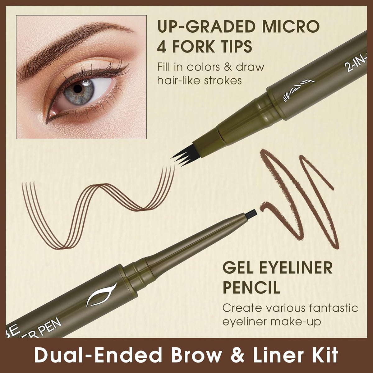 UCANBE Eyebrow Pen, Dual-Ended Eyebrow Pencil with 4-Fork-Tip & Gel Eyeliner for Women, Eye Brow