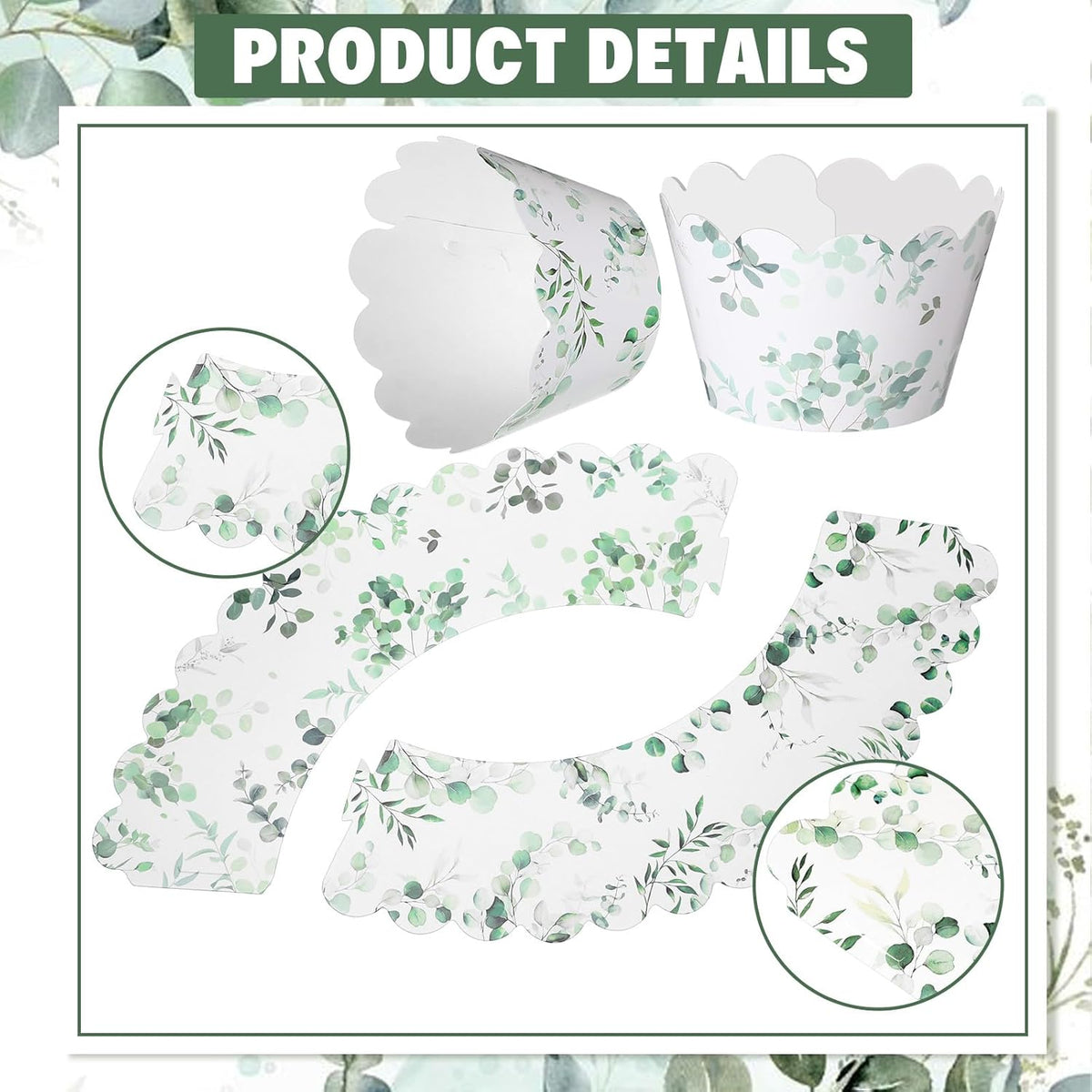 Domensi 100 Pcs Eucalyptus Cupcake Wrappers Rustic Cupcake Liners Green Tulip Baking Cups Baking