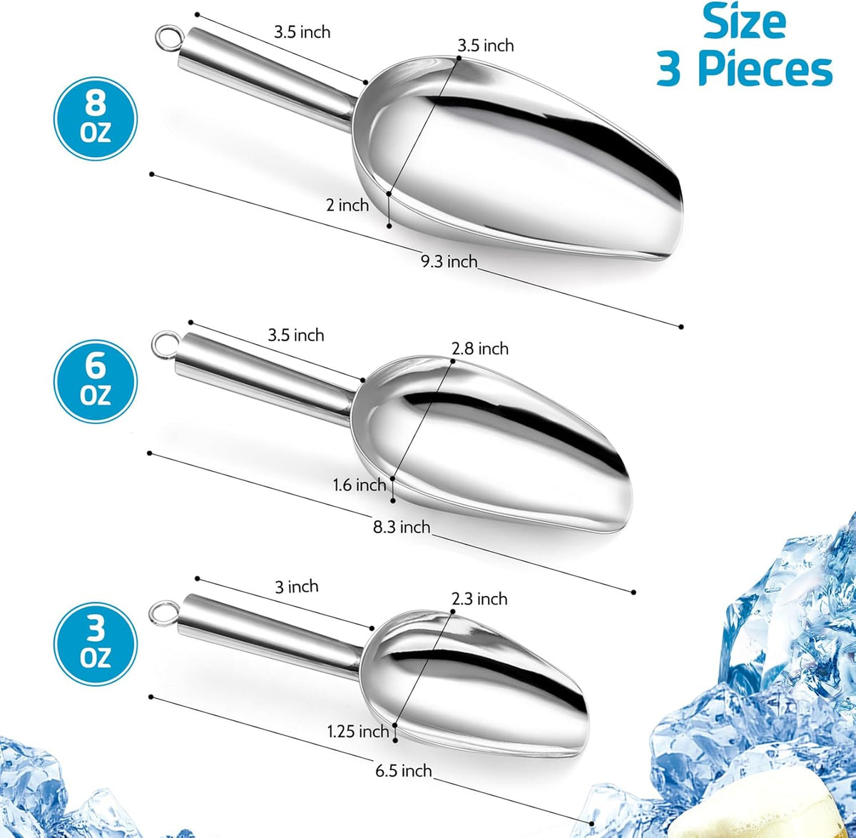 P&P CHEF Canister Scoop Set of 3, Ice Candy Scoop, Stainless Steel Multipurpose Food Scooper for