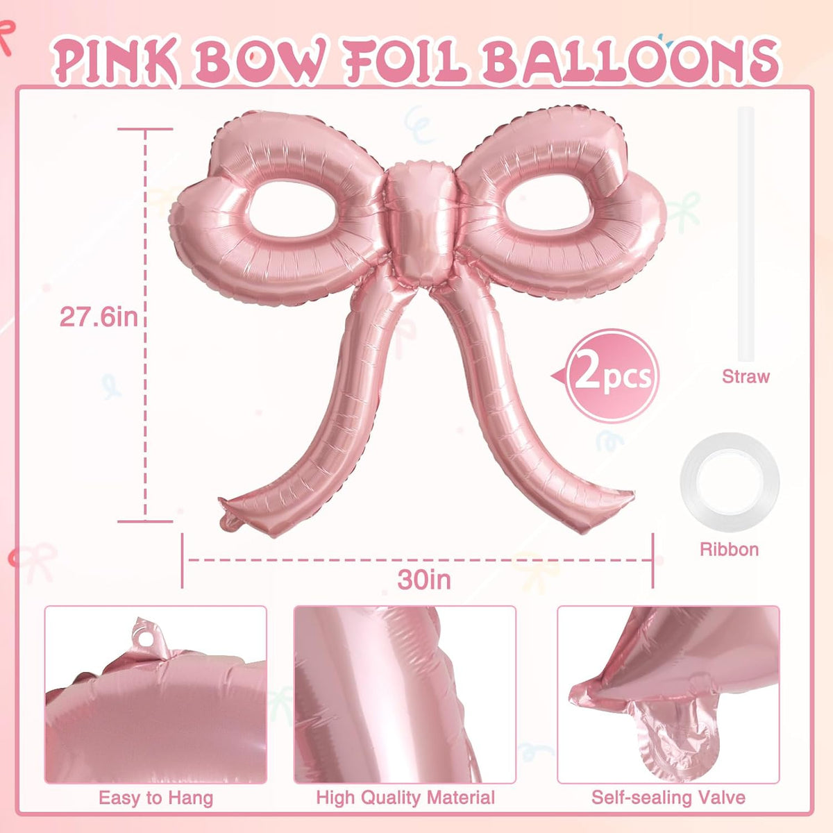 2 Pcs Pink Bow Balloons Bow Party Decorations for Girl Women Pink Bow Birthday Decorations Giant