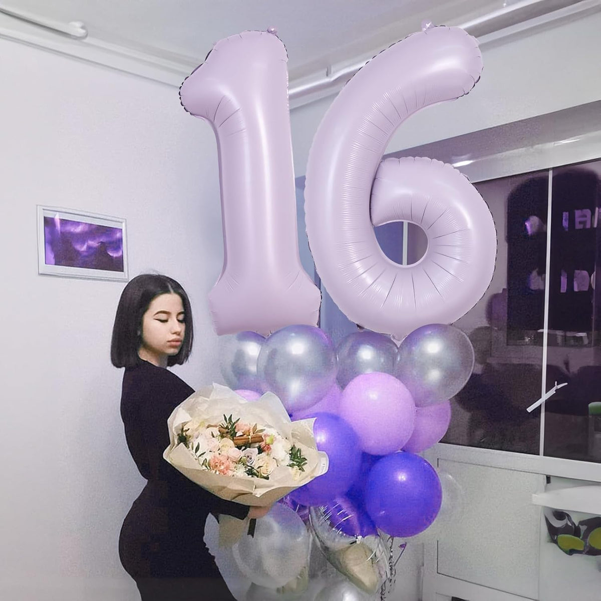 Light Purple 16 Balloon Numbers, 40 Inch Large Pastel Purple Foil Number 1 & 6 Balloons for Women