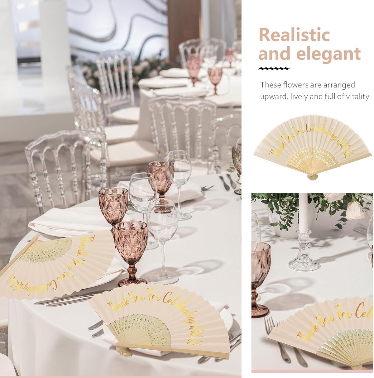 Jetec 50 Pcs Wedding Fans for Guests Bulk Silk Hand Fans Handheld Folded Thank You for Celebrating