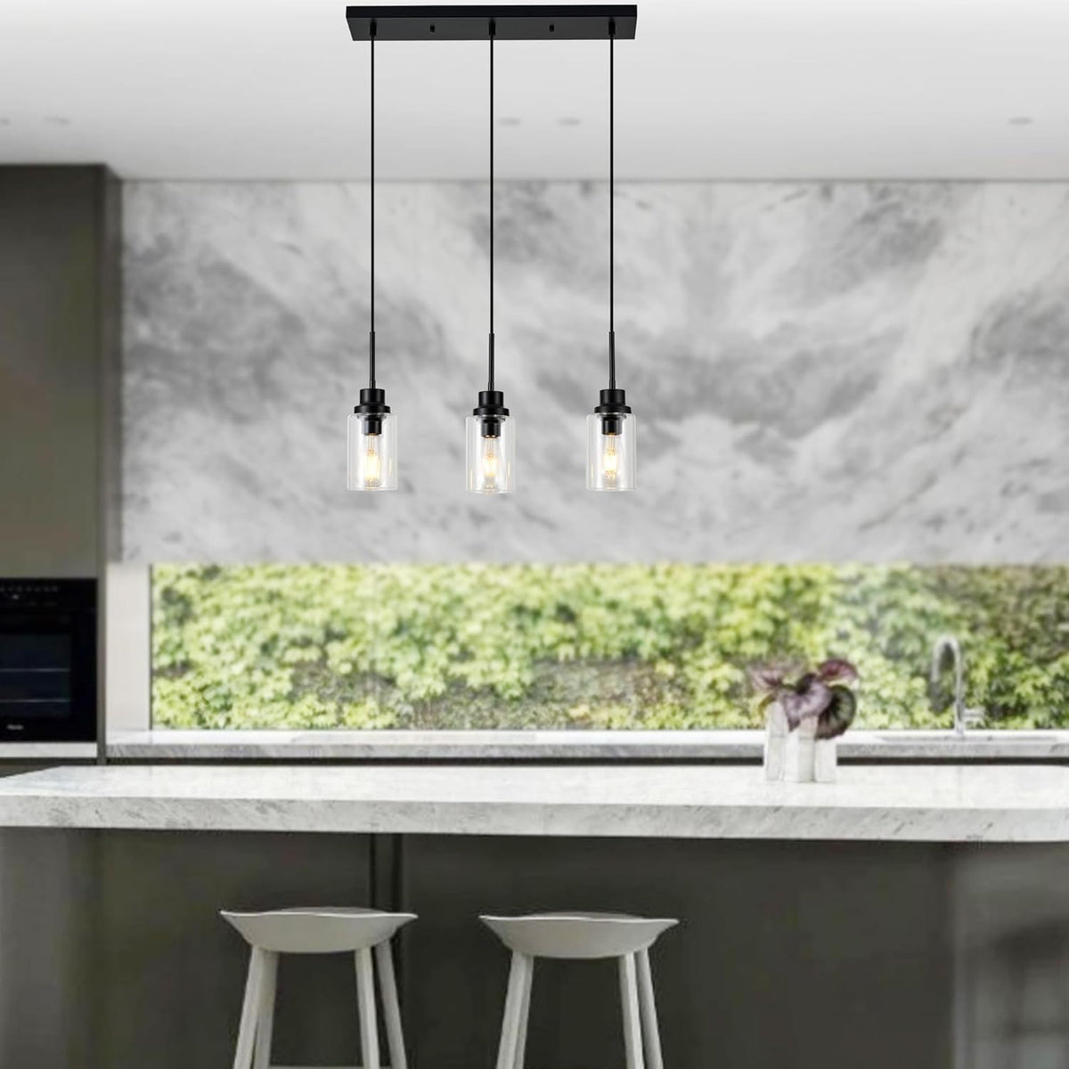 3-Lights Pendant Light Fixtures, Modern Black Kitchen Island Lighting with Clear Glass Shade