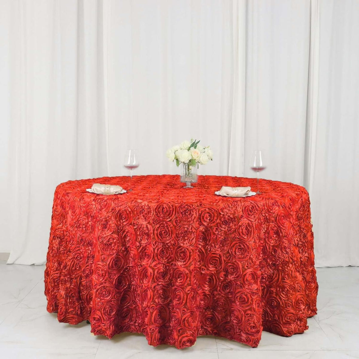 Efavormart 120" Wholesale Round Table Cover RED Grandiose Rosette 3D Satin Tablecloth for Wedding