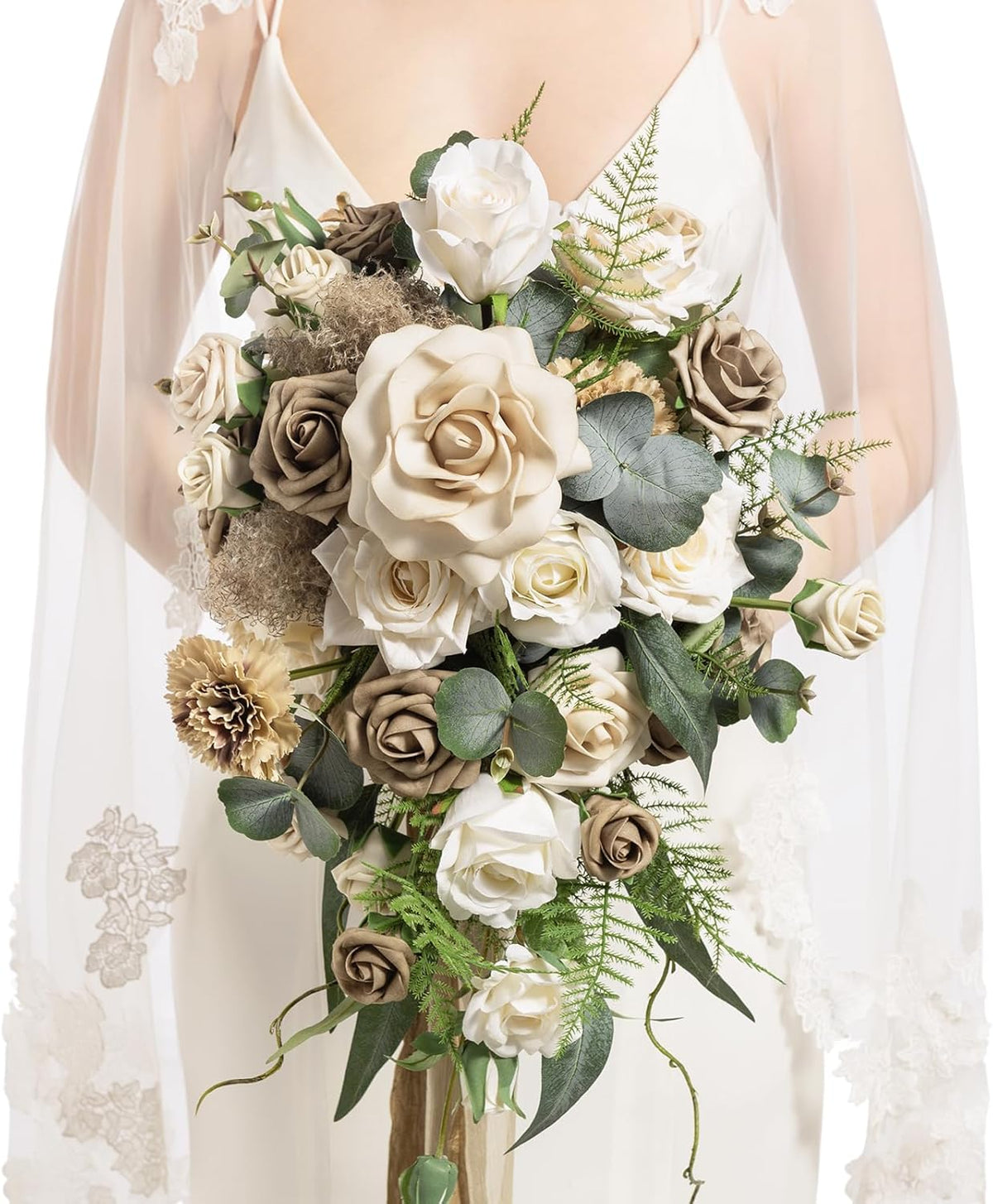 Ling's moment Intimate Brown Bridal Bouquet Cascading, Beige Wedding Bouquets for Bride, 13 Inch