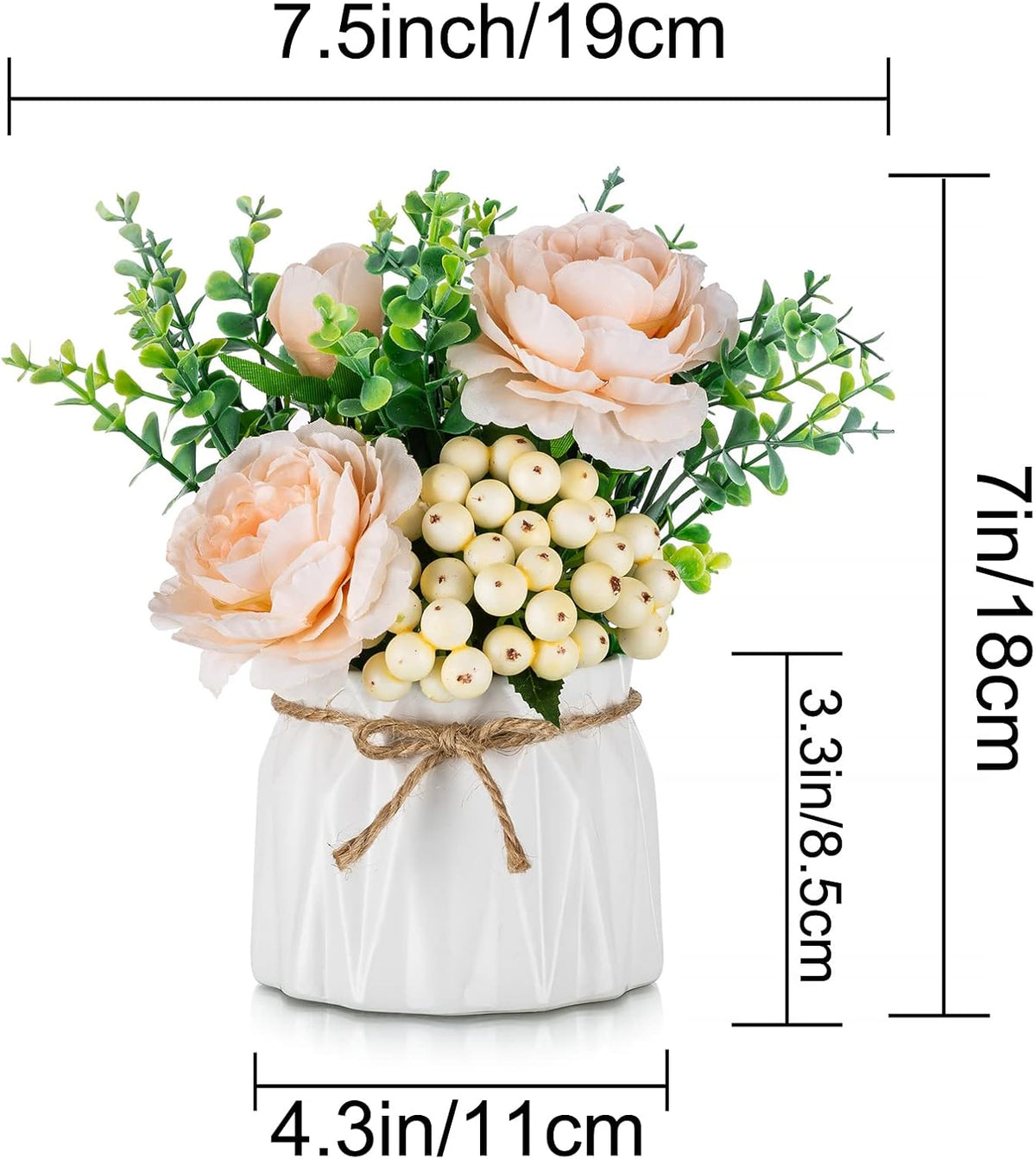 BLOSMON Table Decor Artificial Flowers Vase 7 Inch Small Fake Flower White Arrangement 2pcs Floral
