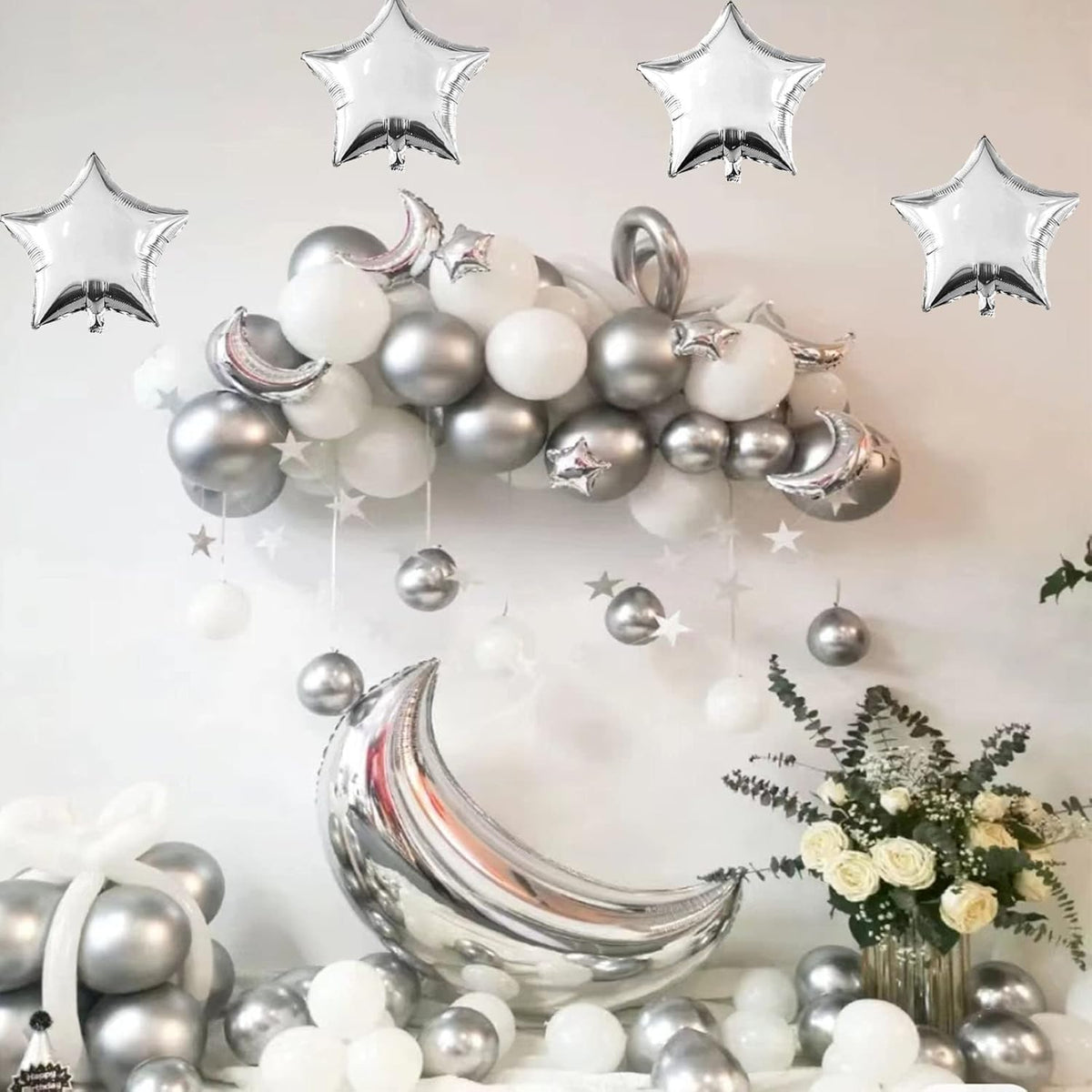 50pcs Silver Moon and Star Balloons,36"Moon Foil Balloons 18"10" Star Foil Balloons Four Pointed