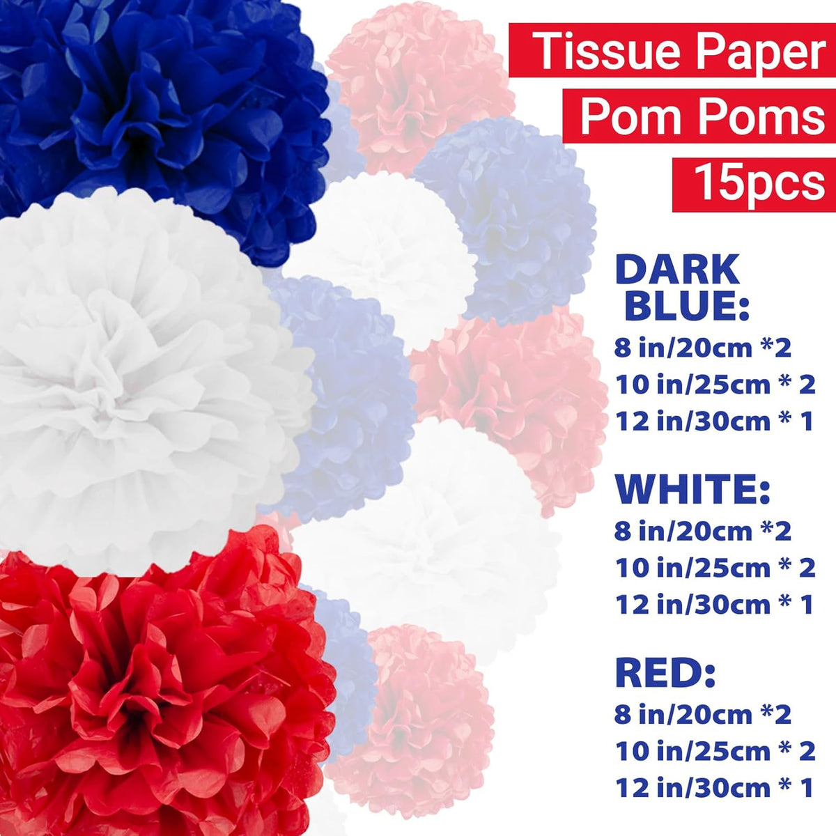 Capesaro Red White and Blue Tissue Paper Pom Poms, 15PCS Tissue Paper Flowers for or 4th of July