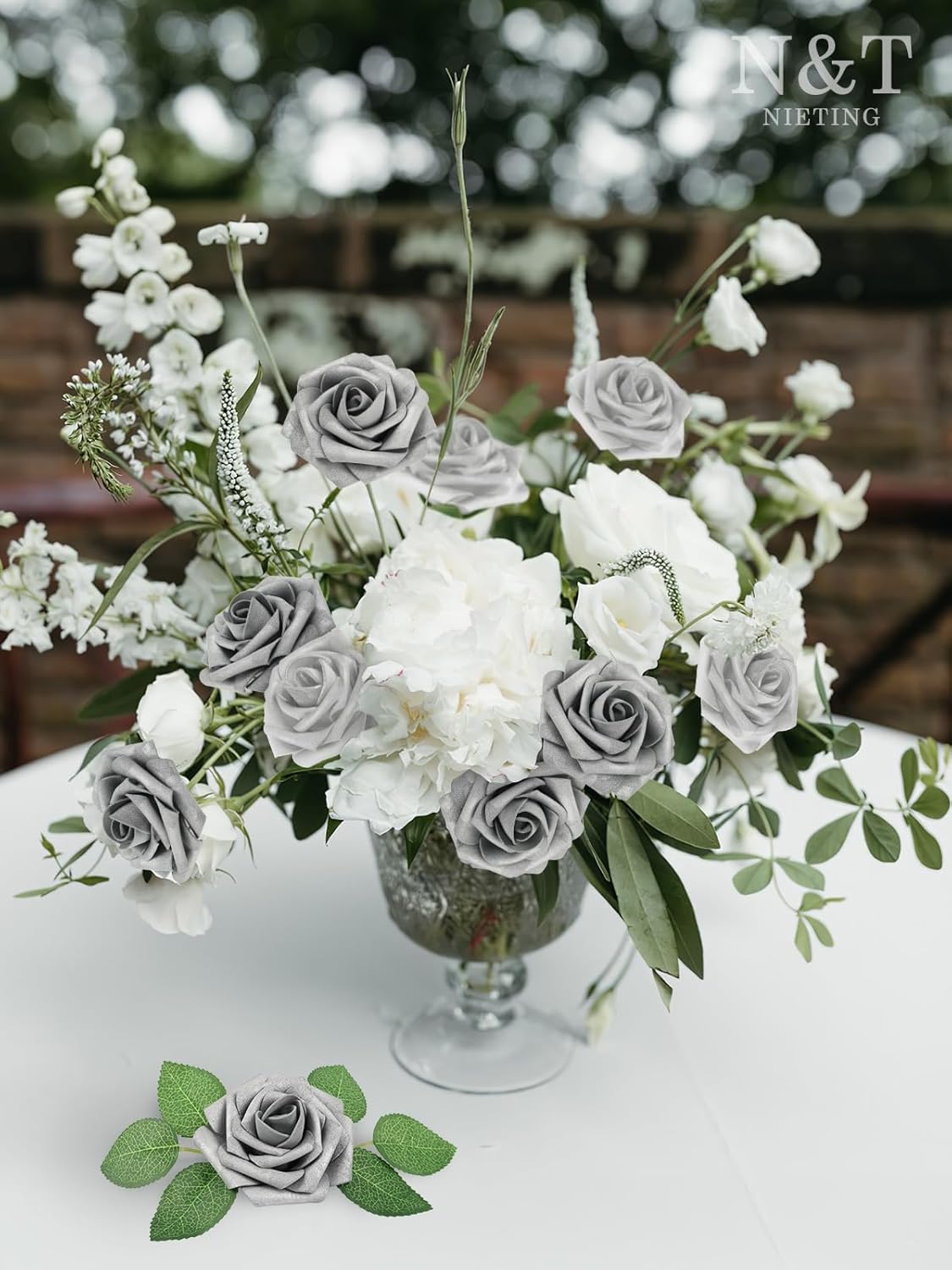 N&T NIETING Artificial Flowers, 25pcs Fake Flowers with Stems for Cake Decoration DIY Wedding Party