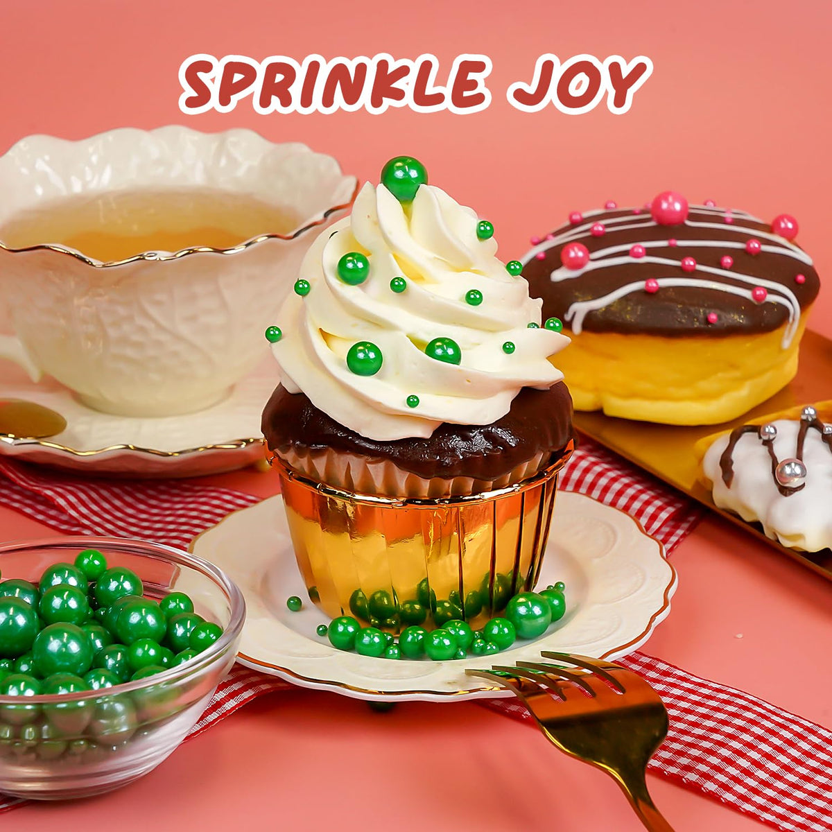 Christmas Edible Green Pearl Sprinkles, Edible Sugar Pearls for Cake Decorating, Cake Decorations