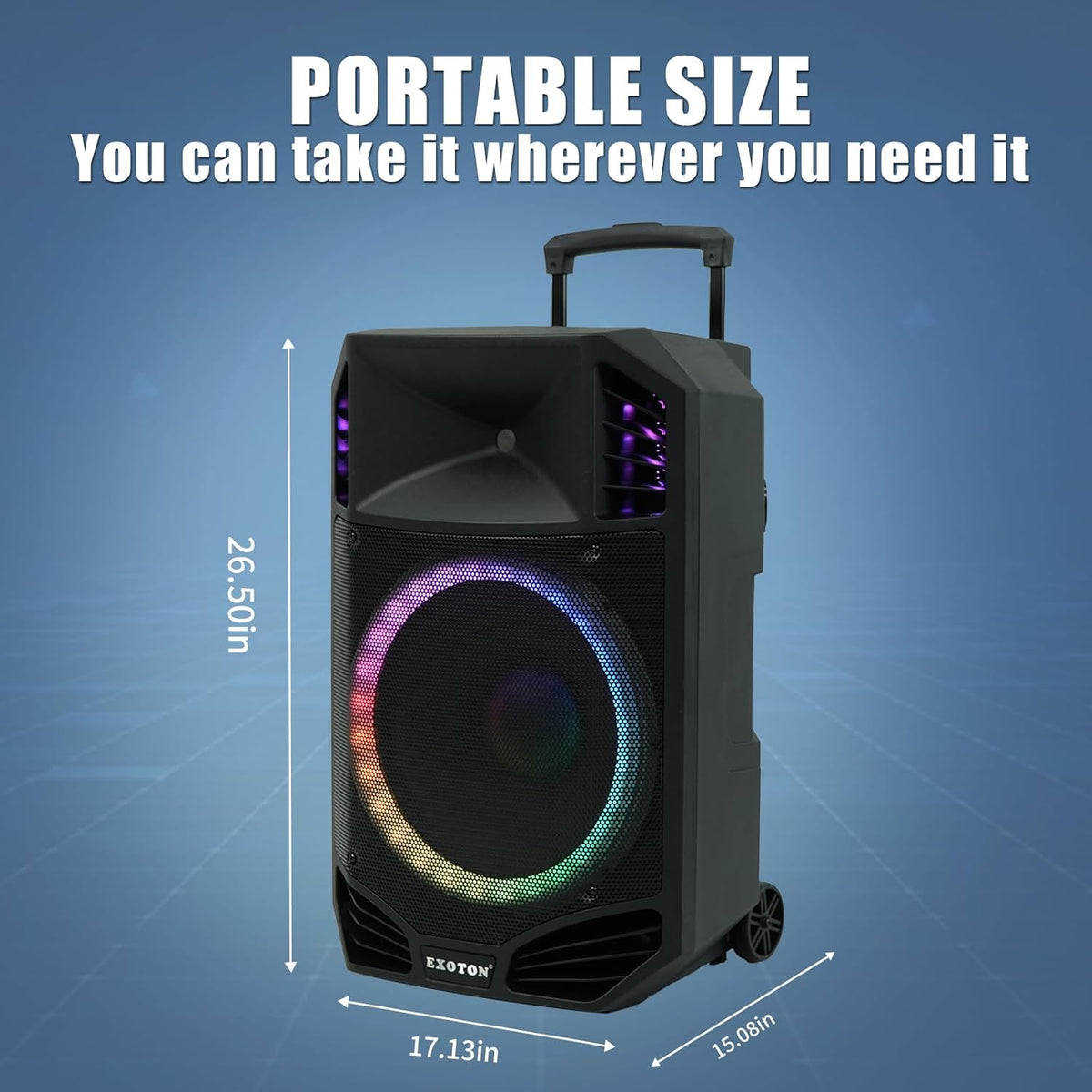 EXOTON S-1501 15 Inch Portable Rechargeable PA Speaker - 1600W, Bluetooth, TWS, USB/RCA, 2 UHF