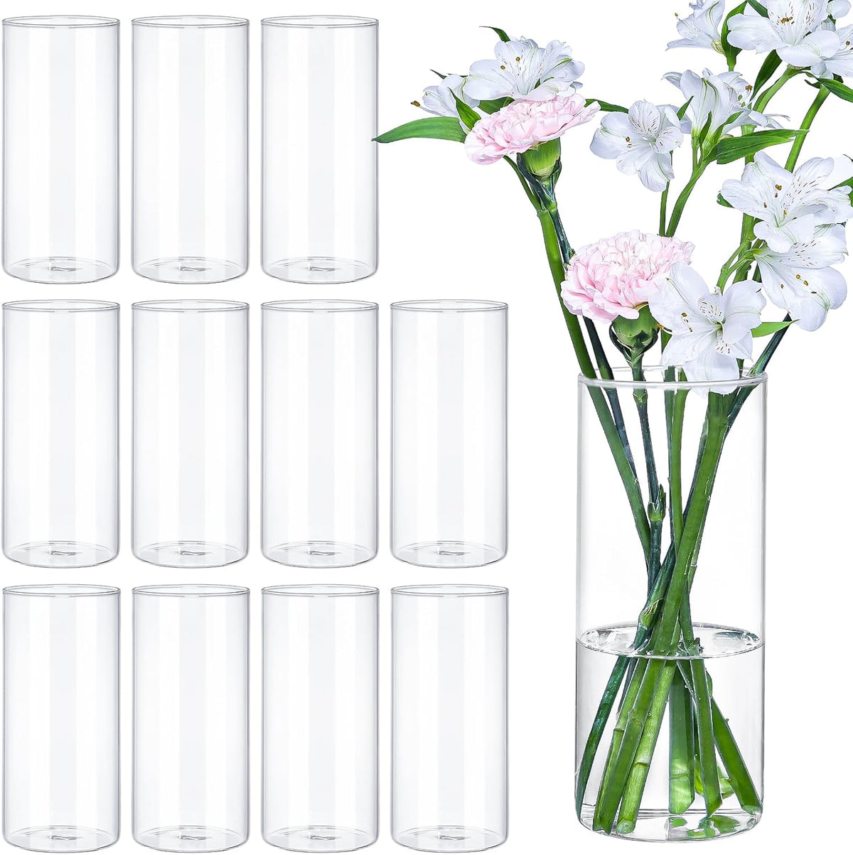 12Pcs Glass Cylinder Vases 8 Inch Tall Clear Flower Vases for Centerpieces Wedding Decoration