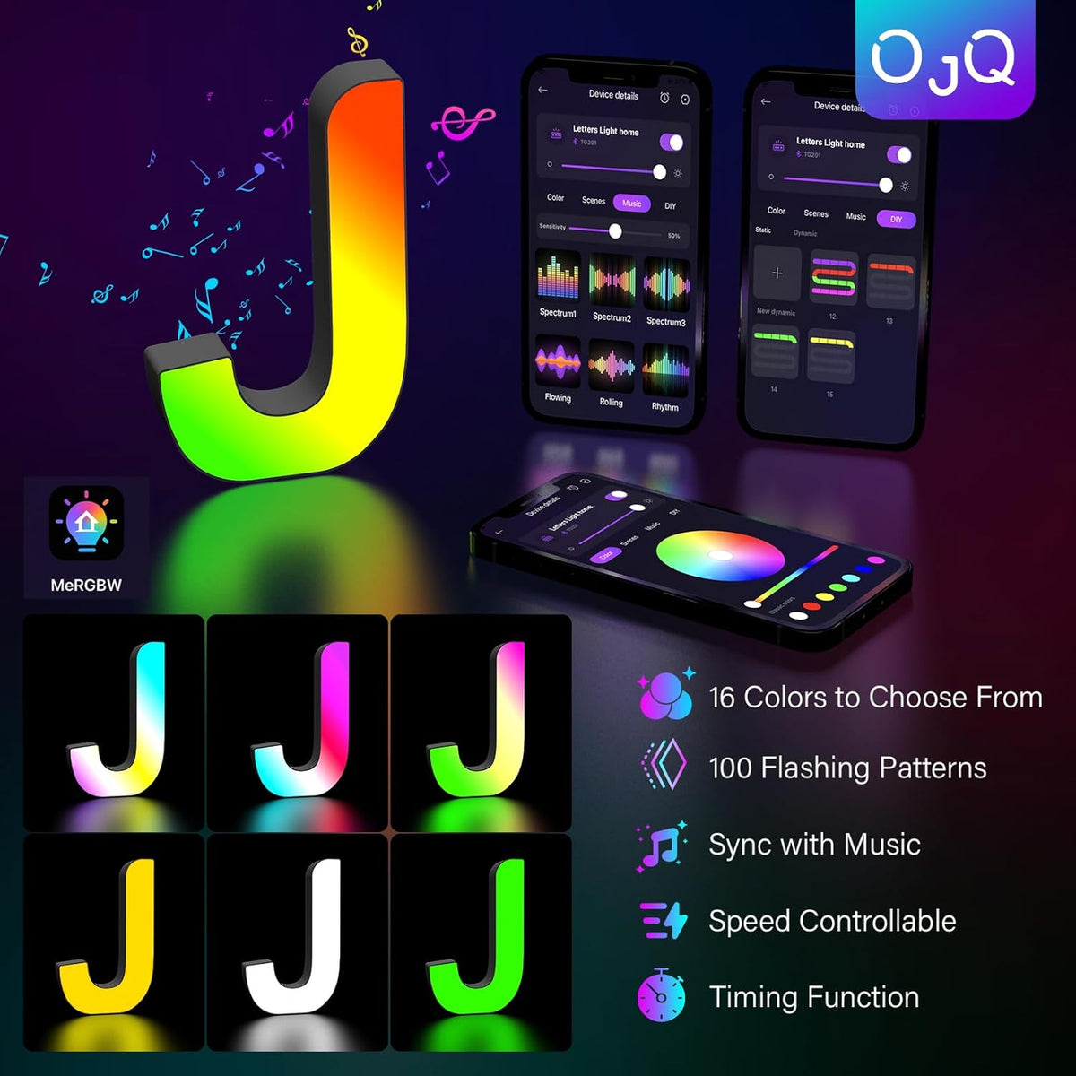 OJQ Light Up Letters LED Letter - Marquee Letters Room Decor Alphabet Letter Music Sync Color