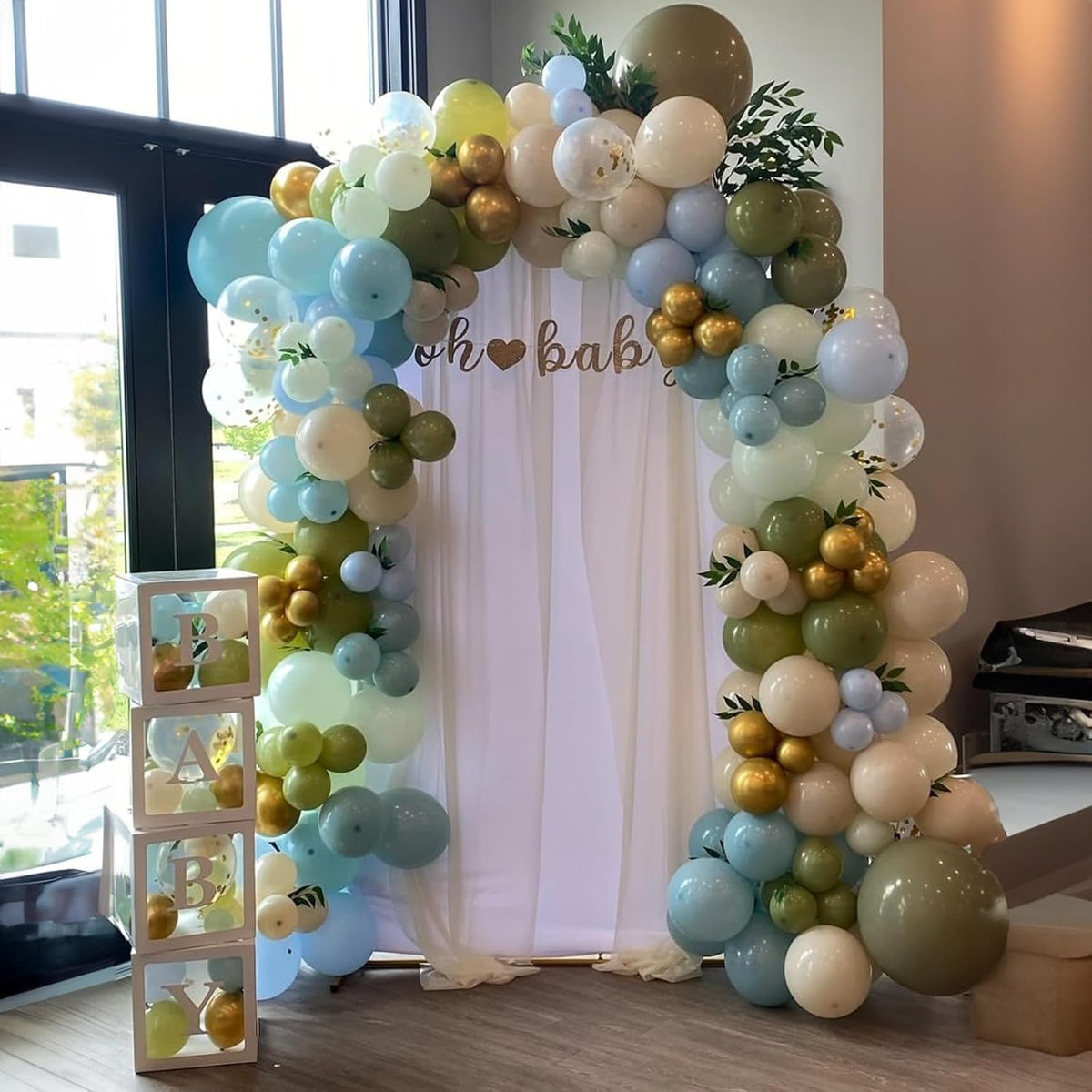 Dusty Blue Green Balloons, 60 Pcs 12 Inch Haze Fog Blue Sage Green Balloons with Sand White