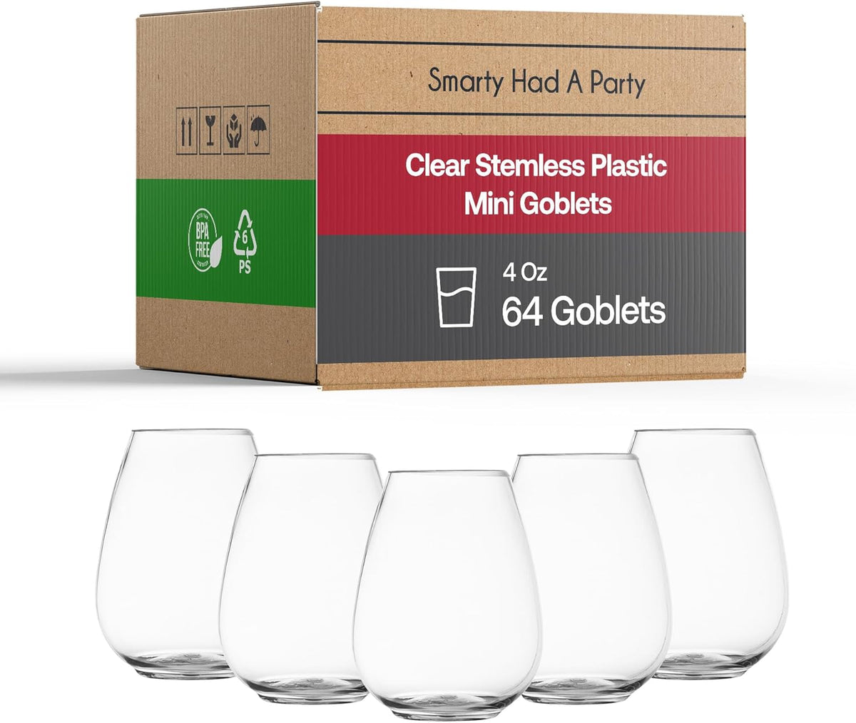 Smarty Had A Party 4 oz Plastic Stemless Wine Glasses (64 Pieces) – Disposable Goblets & Plastic