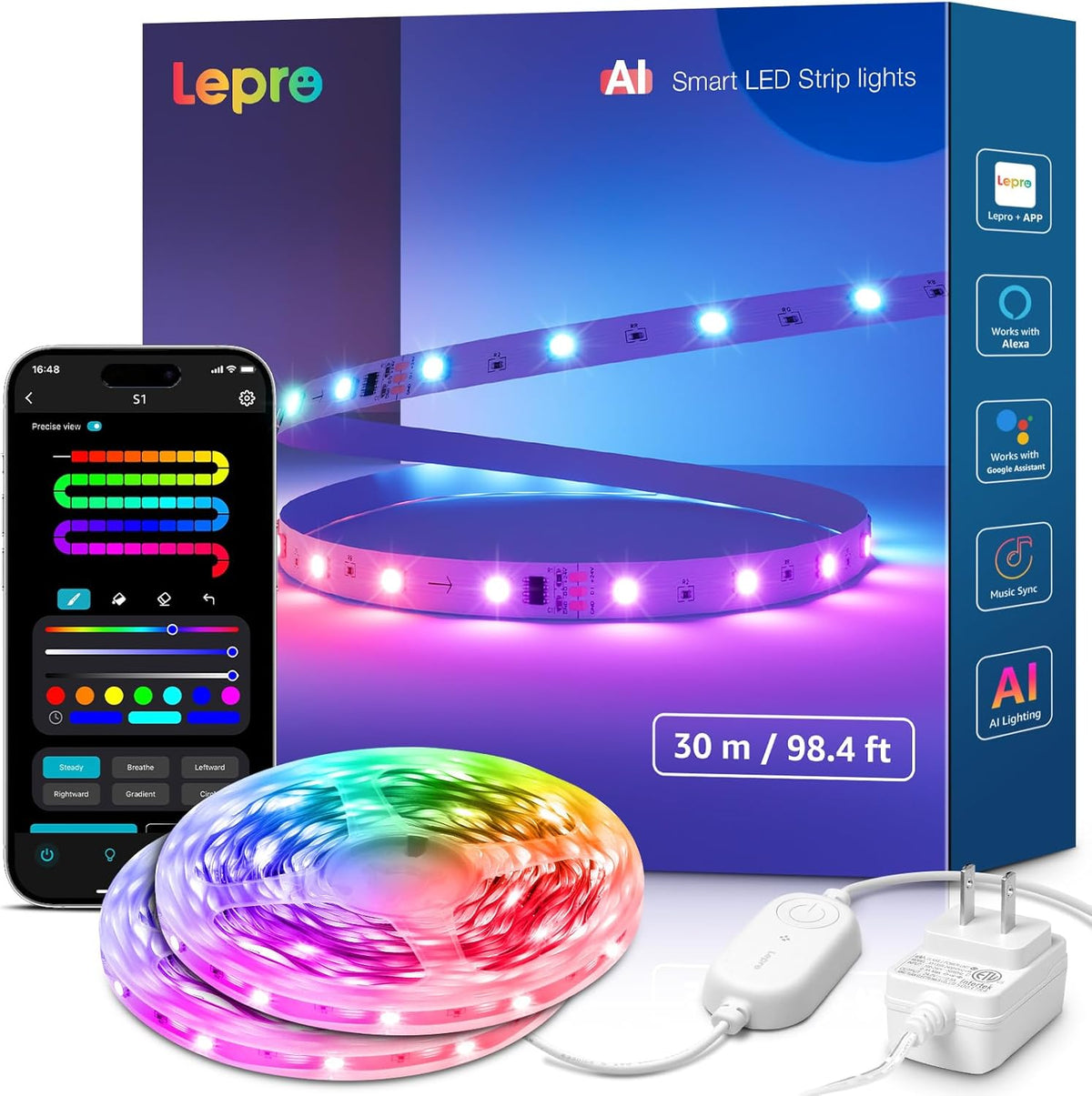 Lepro S1 AI LED Strip Lights for Bedroom - 100ft(2 Rolls of 50ft) Smart RGB Light Strips with IC