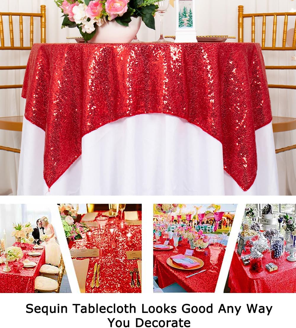 ShinyBeauty Red Tablecloths 36x36 Inch, 2 Packs Sequin Table Cloth for Parties Sparkle Table Cloths